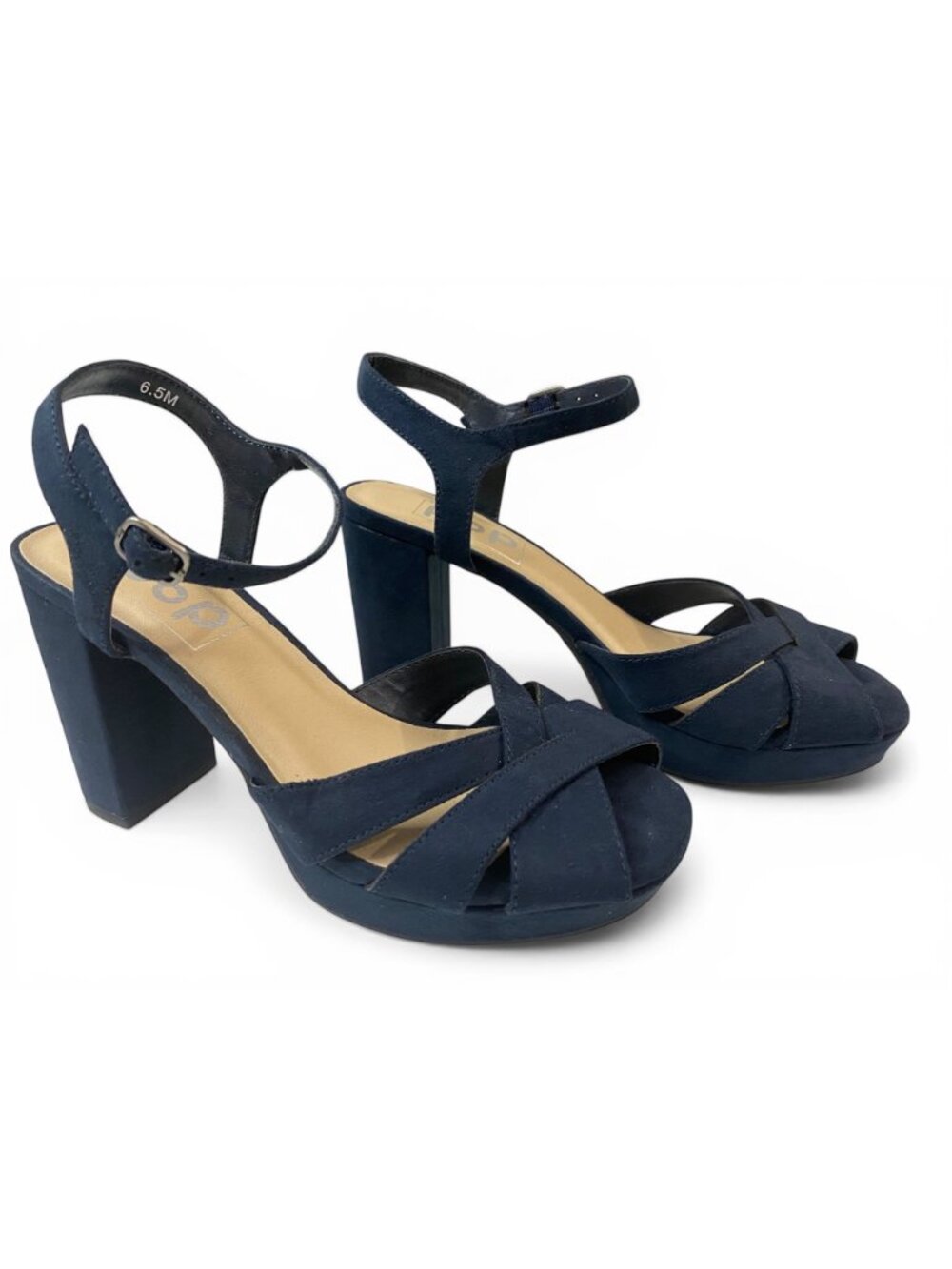 PoP Navy Blue Heels Sandals Womens 6.5 M Block Heel Strappy, Dress Shoes - Picture 2 of 16